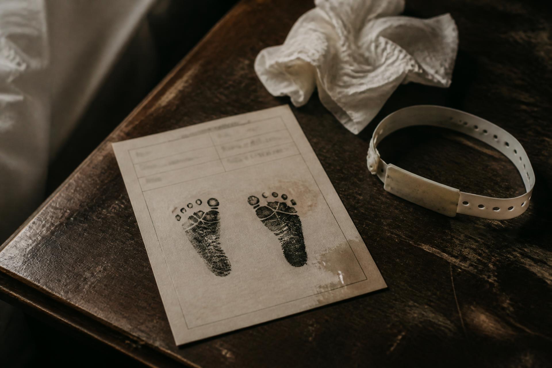 A hospital newborn footprint card resting on a bedside table, one corner tear-stained