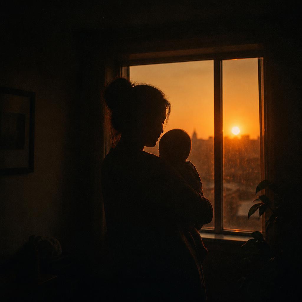 Mother holding her baby by a window at sunset